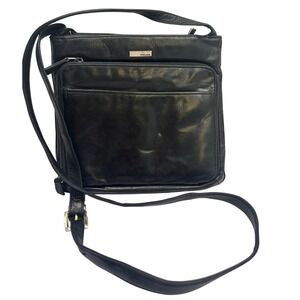 Perlina New‎ York Black Leather Crossbody Bag Organizer Pocket Messenger Purse